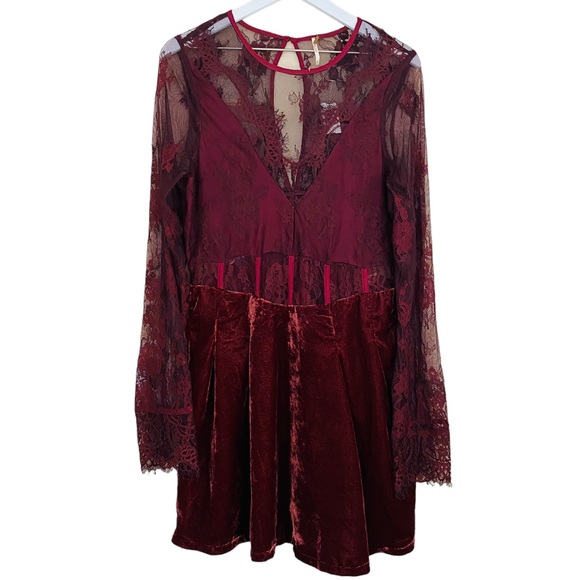 Free People‎ NWT Marlie Lace Mini Velvet Sheer Garnet Smocked Bell Sleeve Dress - Picture 5 of 13